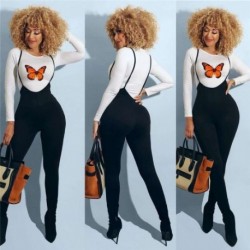 Szín: fekete XL - Lucky Label kétrészes szett Női őszi ruhák Outfit Butterfly Print felső függőnadrágok Bodycon