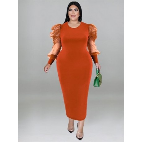 Szín: narancssárga XXXL - Nagy méretű női ruhák Xl-5xl Szexi hálós, hosszú ujjú, tömör, elegáns estélyi maxiruha
