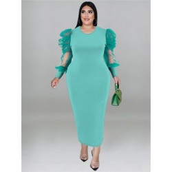 Szín: égszínkék XXXL - Nagy méretű női ruhák Xl-5xl Szexi hálós, hosszú ujjú, tömör, elegáns estélyi maxiruha
