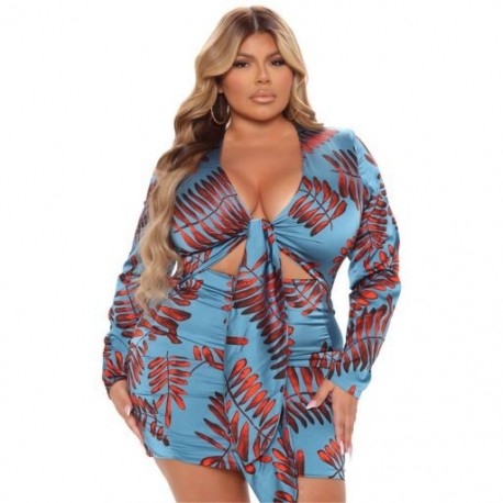 Szín: kék 5XL - Szexi, nagy méretű ruhák női elegáns V nyakú nyomtatással, hosszú ujjú kötszerrel, divatos miniruha