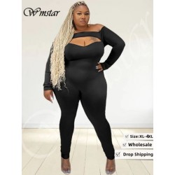 Szín: fekete 4XL - Nagy méretű női ruhák jumpsuit tömör, hosszú ujjú, kivágott divat szexi nadrágtartó, rugalmas