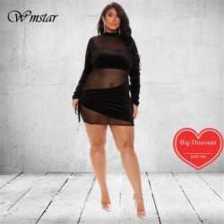 Szín: fekete 4XL - Nagy méretű női ruhák hálós fekete szexi patchwork hosszú ujjú miniruha Hot Sale Club ruhák