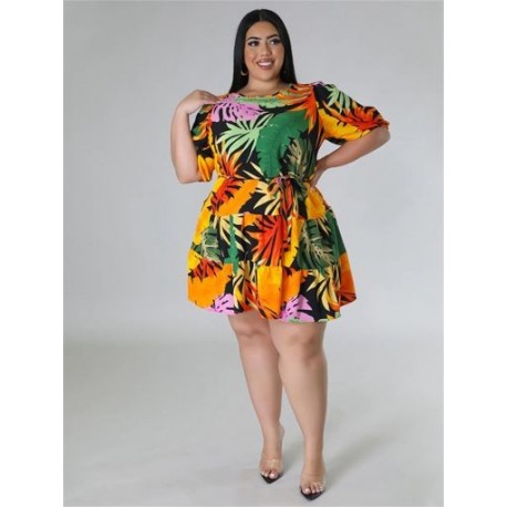 Szín: sárga XXXL - Nagy méretű női ruhák virágmintás, elegáns miniruha új nyári ruhák kötéssel