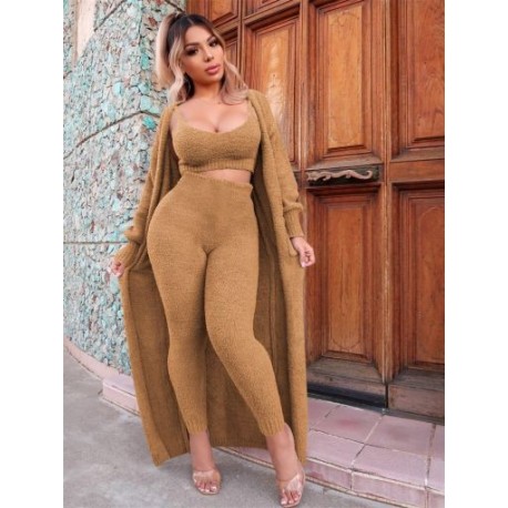 Szín: Khaki M - Akaily Fall White Fleece 3 háromrészes szettek Női téli ruhák Fekete ujjatlan Crop felső hosszú ujjú