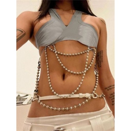 Szín: szürke S - Akaily Summer Streetwear Hollow Out felsők nőknek 2023 Cross Spagetti pántos Crop Top Gyöngyös