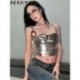Szín: ezüst L - Akaily Summer Streetwear tömör felsők Női ruhák 2023 Slash Nyakú Ujj Hát nélküli Crop Tops Bodycon
