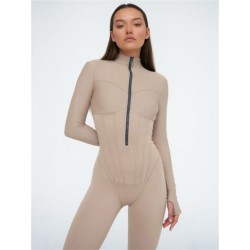 Szín: APRICOT M - Akaily Summer Purple Bodycon Jumpsuits Női 2023 Szexi, hosszú ujjú, cipzáras Aktív ruházat Egyrészes