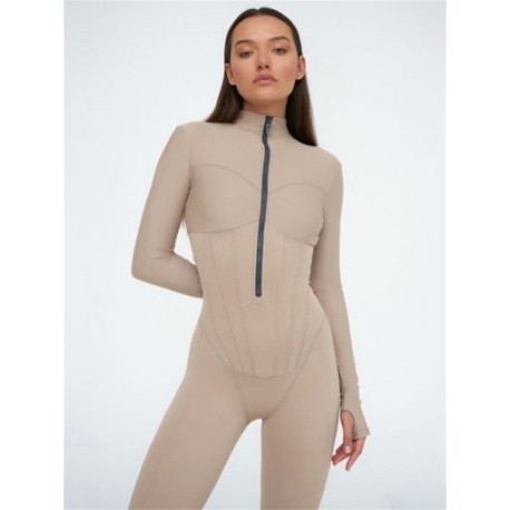 Szín: APRICOT M - Akaily Summer Purple Bodycon Jumpsuits Női 2023 Szexi, hosszú ujjú, cipzáras Aktív ruházat Egyrészes
