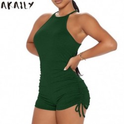 Szín: zöld M - Akaily Black Slim Rompers Női Jumpsuit nyári utcai viselet tömör pántos Bodycon Ujjatlan, Ruched Bandage