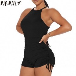 Szín: fekete M - Akaily Black Slim Rompers Női Jumpsuit nyári utcai viselet tömör pántos Bodycon Ujjatlan, Ruched Bandage