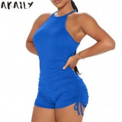 Szín: kék M - Akaily Black Slim Rompers Női Jumpsuit nyári utcai viselet tömör pántos Bodycon Ujjatlan, Ruched Bandage