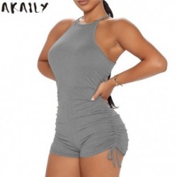 Szín: szürke M - Akaily Black Slim Rompers Női Jumpsuit nyári utcai viselet tömör pántos Bodycon ujjatlan, ruched Bandage