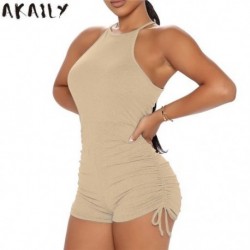 Szín: sárgabarack M - Akaily Black Slim Rompers Női Jumpsuit nyári utcai viselet tömör pántos Bodycon Ujjatlan, Ruched