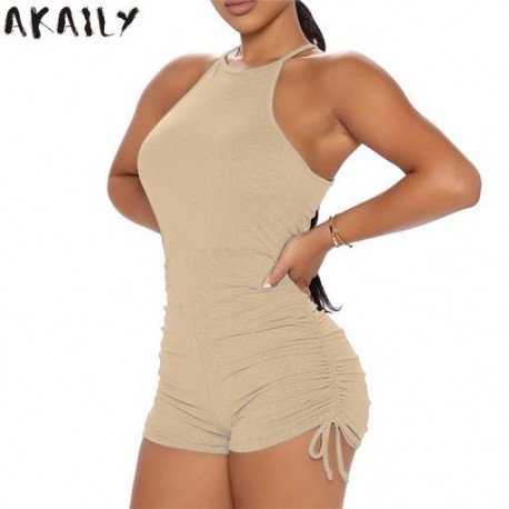 Szín: sárgabarack M - Akaily Black Slim Rompers Női Jumpsuit nyári utcai viselet tömör pántos Bodycon Ujjatlan, Ruched