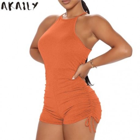 Szín: narancssárga M - Akaily Black Slim Rompers Női Jumpsuit nyári utcai viselet tömör pántos Bodycon ujjatlan, ruched