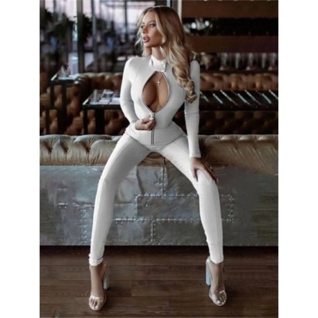 Szín: fehér S - Akaily Summer Solid Jumpsuit alkalmi női 2023-as hosszú ujjú cipzár Bodycon Skinny Jumpsuits fekete,