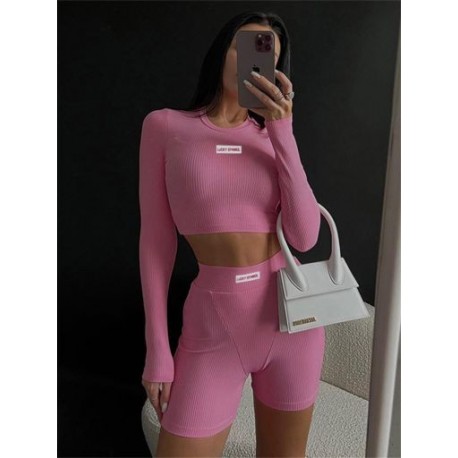 Szín: rózsaszín S - Akaily Summer Streetwear Solid Skinny Short készletek 2 kétrészes készletek Női ruhák Crop felsők