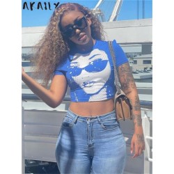 Szín: kék L - AKAILY Summer Streetwear Slim Graphic Print pólók nőknek 2023 Fashion O Neck, rövid ujjú Crop Női Alkalmi