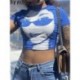 Szín: kék L - AKAILY Summer Streetwear Slim Graphic Print pólók nőknek 2023 Fashion O Neck, rövid ujjú Crop Női Alkalmi