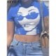 Szín: kék L - AKAILY Summer Streetwear Slim Graphic Print pólók nőknek 2023 Fashion O Neck, rövid ujjú Crop Női Alkalmi