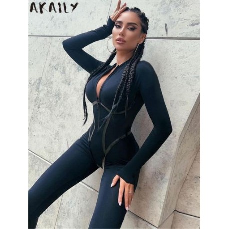 Szín: fekete L - Akaily Fall Black Patchwork Jumpsuit Női Egyrészes Fitness Outfitek 2022 V nyakú cipzáras Hosszú ujjú