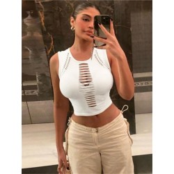 Szín: fehér M - Akaily Summer Streetwear Hollow Out felsők nőknek, 2023 O nyakú ujjatlan Crop fekete felsők, alkalmi