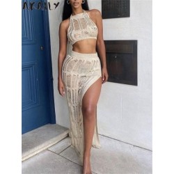 Szín: APRICOT S - Akaily Summer Street Hollow Out kétrészes szettek női ruhák, kötőfék, ujjatlan, hát nélküli Crop