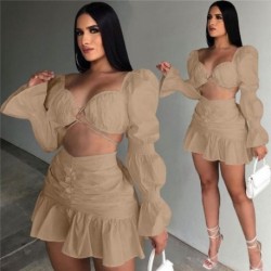 Szín: Khaki XXL - Akaily őszi utcai ruházat fehér 2 darabból álló készletek szoknyák női ruhák fekete puffos ujjú