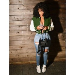 Szín: Army Green XXL - Akaily Fall Street Solid Patchwork Varsity kabát őszi öltözék, női 2023, hosszú ujjú, gombos