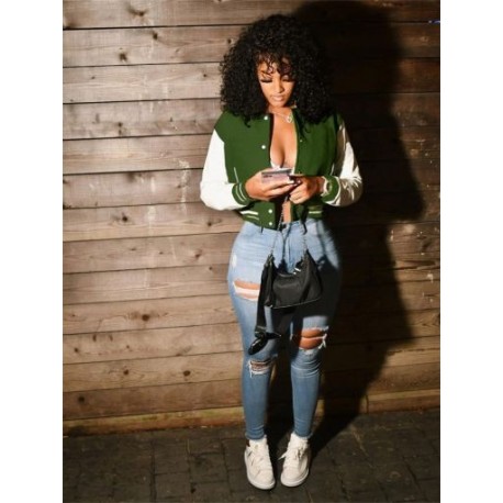 Szín: Army Green XXL - Akaily Fall Street Solid Patchwork Varsity kabát őszi öltözék, női 2023, hosszú ujjú, gombos