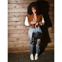 Szín: barna XXL - Akaily Fall Street Solid Patchwork Varsity kabát őszi öltözék, női 2023, hosszú ujjú, gombos