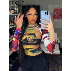 Szín: M színek - Akaily nyári Hollow Out Graphic pólók Női Divat 2023 Hosszú ujjú Y2K Crop Tops Női Színes Alkalmi
