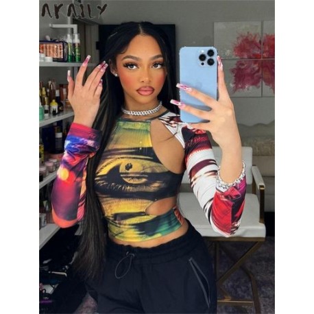 Szín: M színek - Akaily nyári Hollow Out Graphic pólók Női Divat 2023 Hosszú ujjú Y2K Crop Tops Női Színes Alkalmi