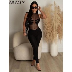 Szín: fekete M - AKAILY Nyári Bodycon Mesh Jumpsuit Outfitek Női 2023 O-nyak ujjú Fekete cipzáras Playsuits Perspective