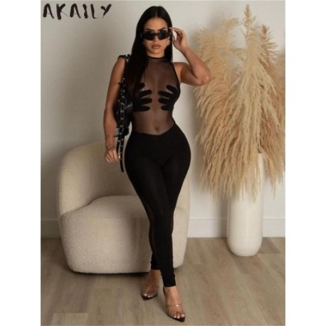 Szín: fekete M - AKAILY Nyári Bodycon Mesh Jumpsuit Outfitek Női 2023 O-nyak ujjú Fekete cipzáras Playsuits Perspective