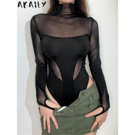 Szín: fekete S - Akaily Nyári Patchwork Meah Jumpsuit Női 2023 Garzonnyakú hosszú ujjú Body One Pieces Skinny Black