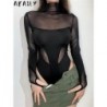 Szín: fekete S - Akaily Nyári Patchwork Meah Jumpsuit Női 2023 Garzonnyakú hosszú ujjú Body One Pieces Skinny Black
