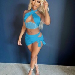 Szín: kék L - Akaily Summer White Bodycon 2 kétrészes szoknya szettek női hozzáillő szettek Halter Ujjatlan Crop Top és