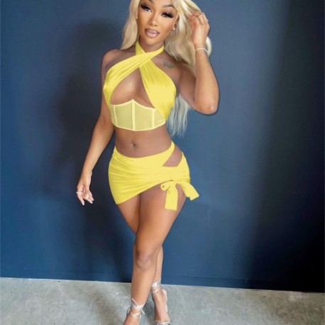 Szín: sárga L - Akaily Summer White Bodycon 2 kétrészes szoknya szettek női hozzáillő szettek Halter Ujjatlan Crop Top