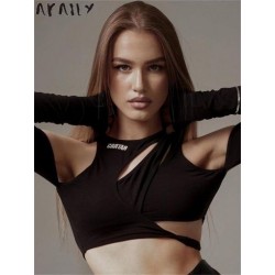 Szín: fekete L - Akaily Spring Street Print aszimmetrikus ruhák felsők ruházat női 2023 O nyakú, hosszú ujjú Crop felső
