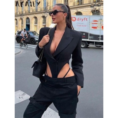 Szín: fekete L - Akaily Fall Black Blazers Body Női Szexi One Piece Party Rave Outfitek 2022 Hát nélküli hosszú ujjú