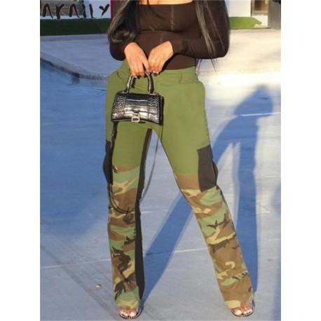 Szín: Army Green L - Akaily Fall Camo Print Patchwrok Női nadrágok 2022 Magas derekú zsebek Cargo Baggy Pants Női Egyenes,