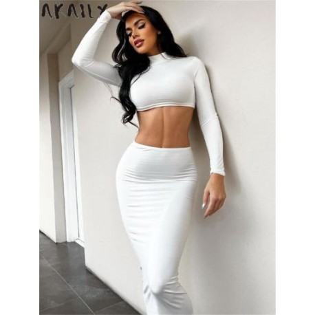 Szín: fehér S - Akaily Summer Casual 2 kétrészes szettek Női ruhák O nyakú, hosszú ujjú Crop felsők Bodycon szoknyák,
