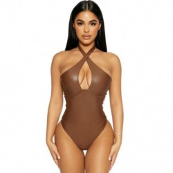 Szín: Gesztenyebarna L - Akaily szexi fekete bőr bodyk női kötőfék nélküli fehérnemű latex body női barna hollow out