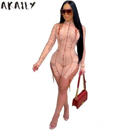 Szín: APRICOT S - Akaily Summer 2021 Streetwear Hollow Out, hosszú ujjú Bodycon Jumpsuit, női szexi kötszer, vékony