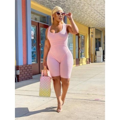Szín: rózsaszín XXL - Akaily Nyári Solid Bodycon Rompers Ruhák Női 2023-as Rövid, Rózsaszín Jumpsuits Szexi Body