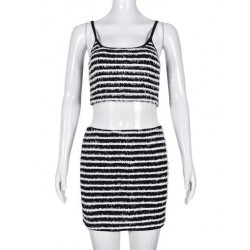 Szín: fekete-fehér szettek M - Akaily Summer Streetwear Striped 2 kétrészes szettek Női ruhák Ujjatlan Crop Tank Topok