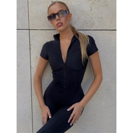 Szín: fekete M - Akaily Fall Black Basic Jumpsuit Streetwear Női Divatos Egyrészes Outfitek 2022 V nyakú rövid ujjú