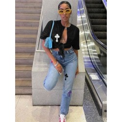 Szín: fekete 1 L - Akaily Summer Streetwear Crop felsők, női 2022 divatos V nyakú, rövid ujjú pólók, fehér grafikai