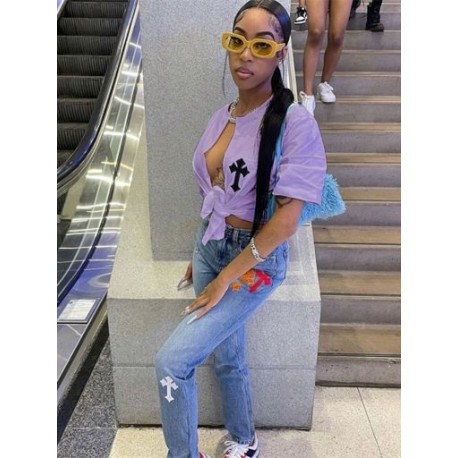 Szín: lila 1 L - Akaily Summer Streetwear Crop felsők, női 2022 divatos V nyakú, rövid ujjú pólók, fehér grafikai